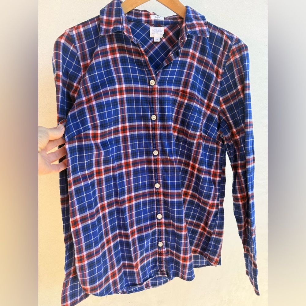 J. Crew Top flannel 100%Cotton woven Plaid Button-Up boy-fit Navy, Red, white XS